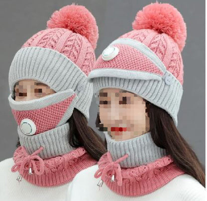 Girls Winter Knitted Beanie Cap Warm Face Cover Neck Scarf Outdoor Set