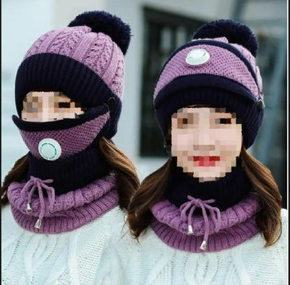 Girls Winter Knitted Beanie Cap Warm Face Cover Neck Scarf Outdoor Set