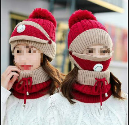 Girls Winter Knitted Beanie Cap Warm Face Cover Neck Scarf Outdoor Set