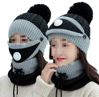 Girls Winter Knitted Beanie Cap Warm Face Cover Neck Scarf Outdoor Set