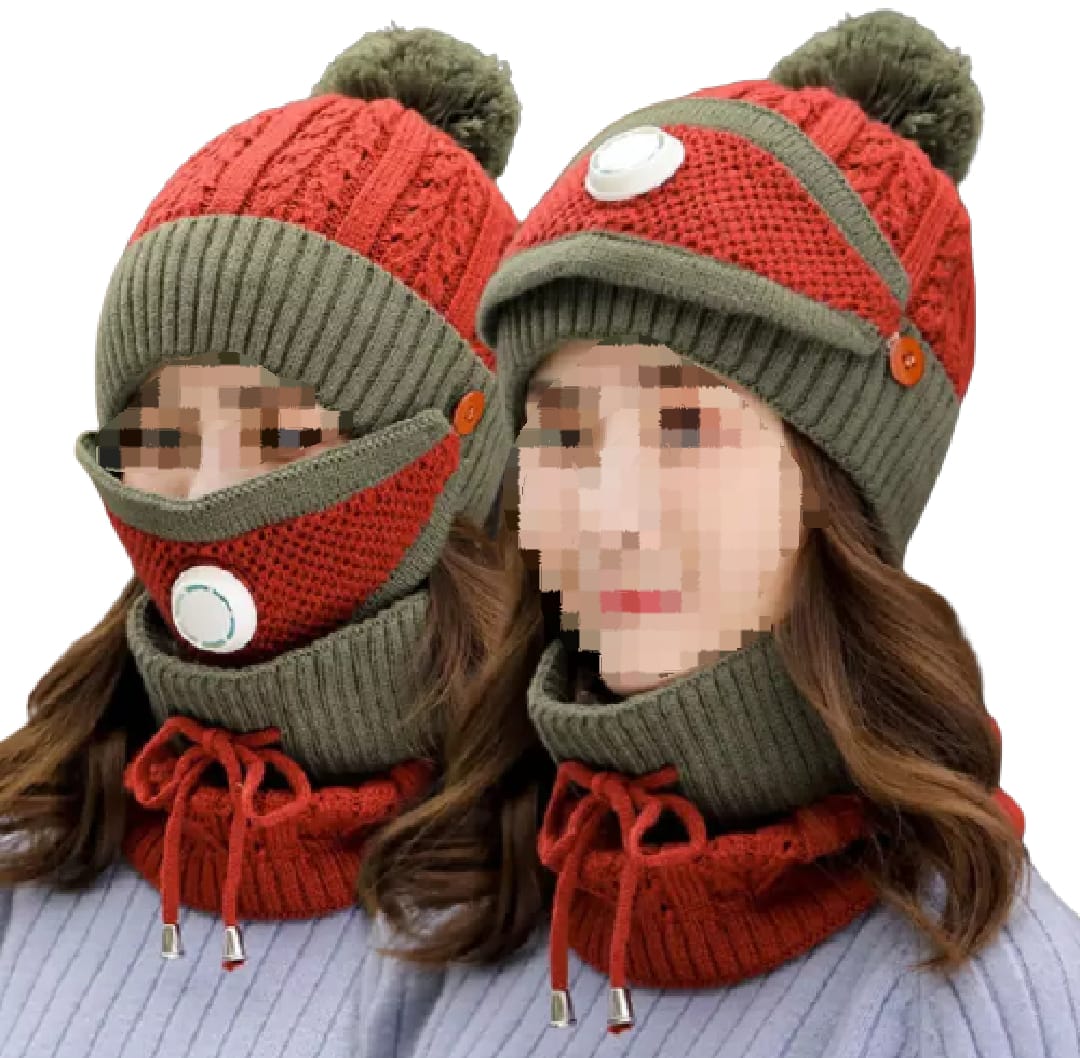 Girls Winter Knitted Beanie Cap Warm Face Cover Neck Scarf Outdoor Set