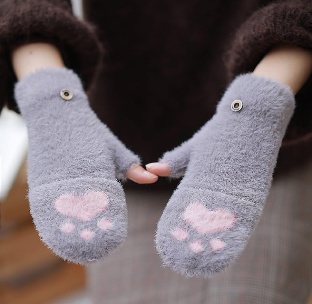 1 Pair Women Lovely Cute Wool Knitted Fluffy Paw Print Plush Fingerless Flip Cover Gloves