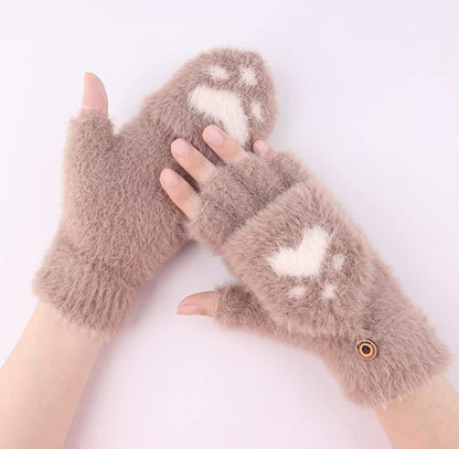 1 Pair Women Lovely Cute Wool Knitted Fluffy Paw Print Plush Fingerless Flip Cover Gloves