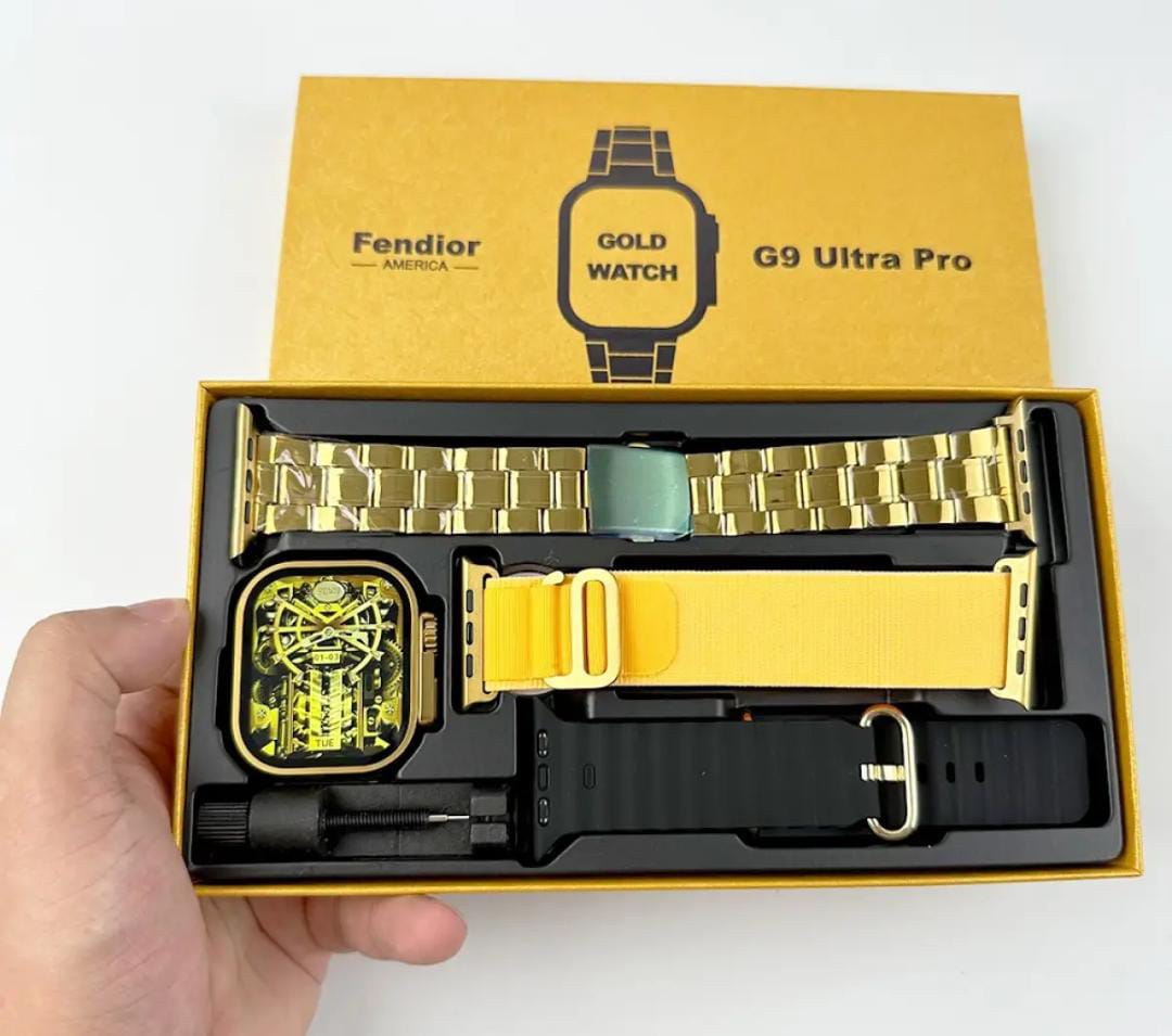 G9 Ultra Pro Smart Watch (Golden Edition) - 49MM Ultra Series 8 - NFC - Bluetooth Call,Customize Wallpaper,Wireless Charging,Real Screws and Straps Locks.