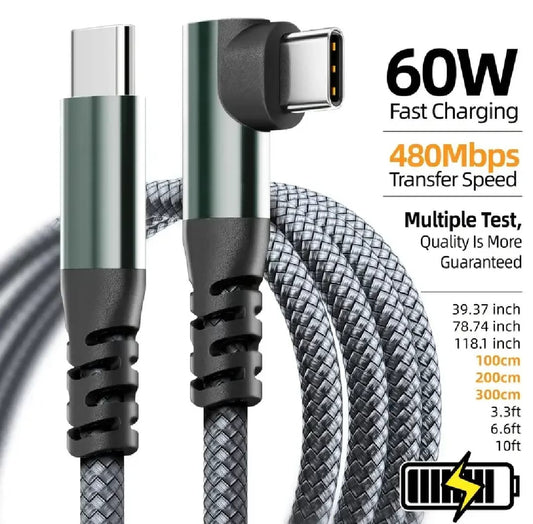 1PC Type C Cable 1M 2M 3M Type C Data Transfer 60W PD Super Fast Charging Cable