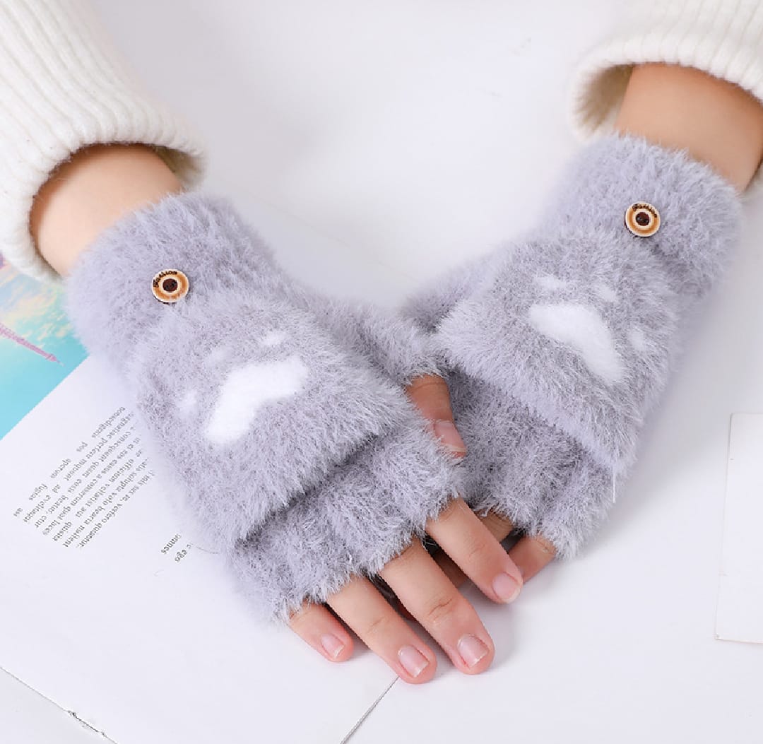 1 Pair Women Lovely Cute Wool Knitted Fluffy Paw Print Plush Fingerless Flip Cover Gloves