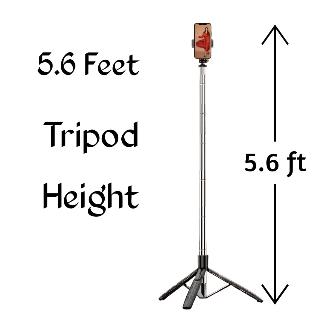 Premium 5.6 Feet Wireless Selfie Stick Tripod Stand - Bluetooth Remote, Foldable Design