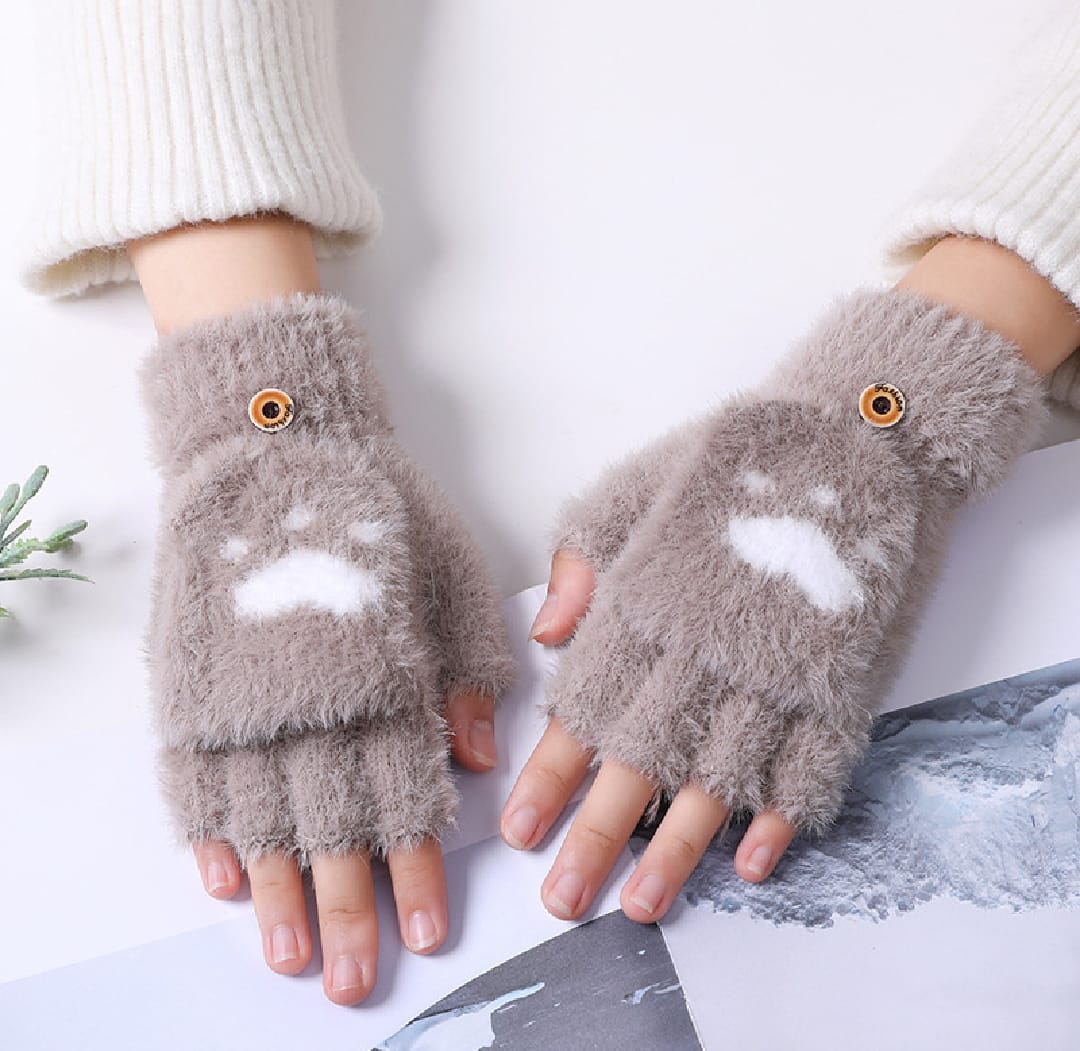 1 Pair Women Lovely Cute Wool Knitted Fluffy Paw Print Plush Fingerless Flip Cover Gloves