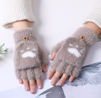 1 Pair Women Lovely Cute Wool Knitted Fluffy Paw Print Plush Fingerless Flip Cover Gloves