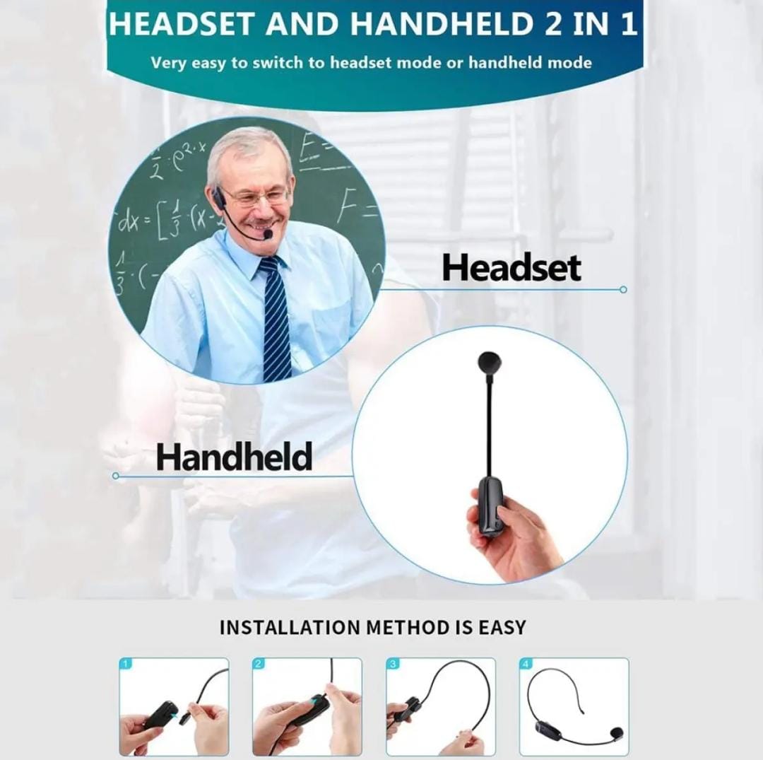 New 2 in 1 Handheld UHF Wireless Microphone Professional Head-Wear Mic Volume Amplifier for Masjid & meeting's etc.