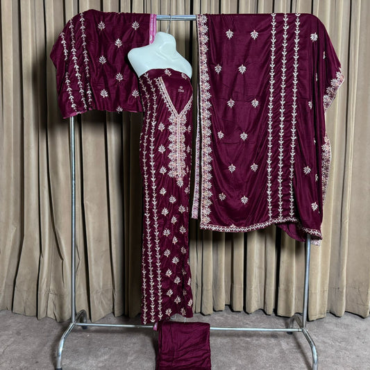 Embroidery (کڑھائی) China Micro 11000 Velvet Unstitch Suit in Elegant Design & Colors (Shalwar, Front Kameez, Back Kameez & Dubatta)