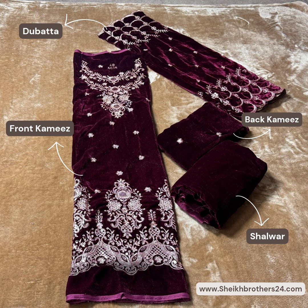 Embroidery (کڑھائی) Design 101 Velvet Unstitch Suit in Elegant Design & Colors (Shalwar, Front Kameez, Back Kameez & Dubatta)