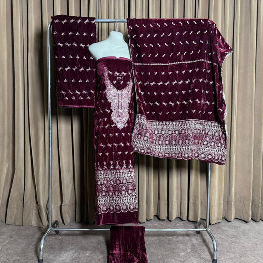 Embroidery (کڑھائی) Design 103 Velvet Unstitch Suit in Elegant Design & Colors (Shalwar, Front Kameez, Back Kameez & Dubatta)