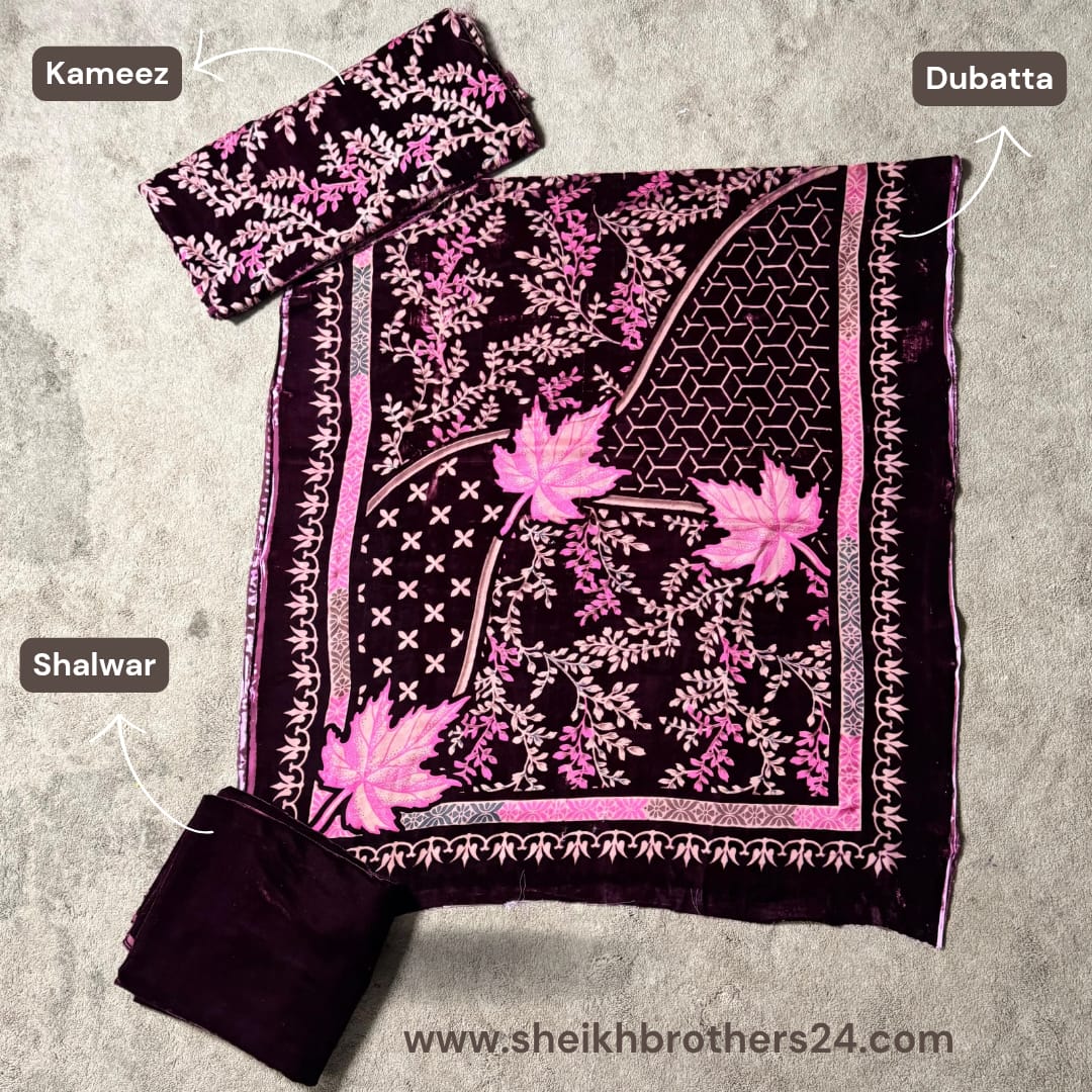 Palachi (پلچھی) Velvet Unstitch Suit in Elegant Design & Colors (Shalwar, Kameez & Dubatta)