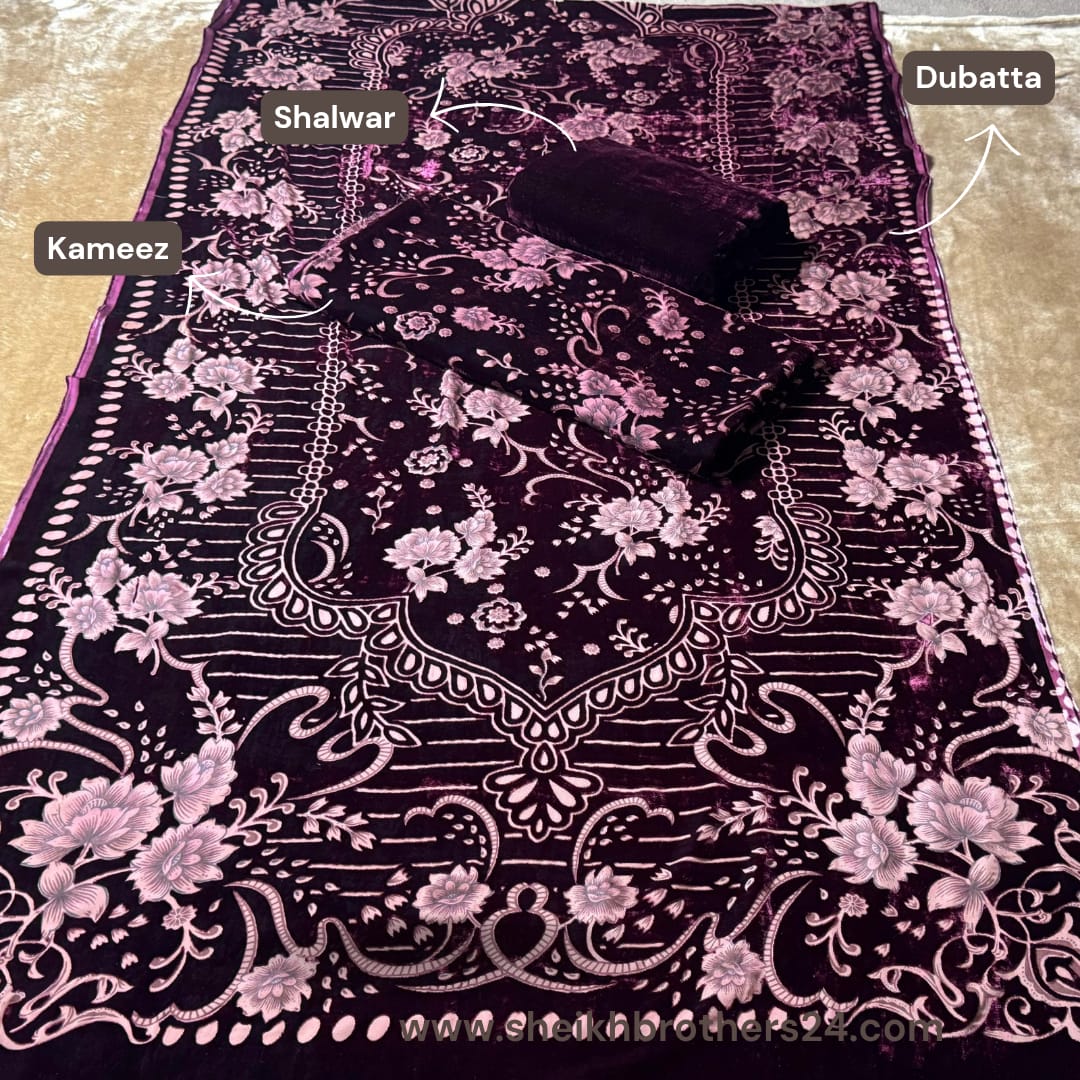Palachi (پلچھی) Design 102 Velvet Unstitch Suit in Elegant Design & Colors (Shalwar, Kameez & Dubatta)