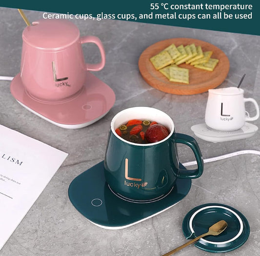 Coffee Mug Warmer - Electric Coffee Cup Warmer For Desk - USB - With Automatic On /Off - Best For Office And Traveling -Temperature Up to 104-122℉/ 40-50℃, Include Ceramic Mug, Cover, Spoon, Enjoy Anytime Hot Drinks