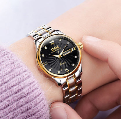 Watch for Couple Waterproof Stainless Steel Casual Watch With Box Simple Dial Dual Date Display, Titanium Steel Strap