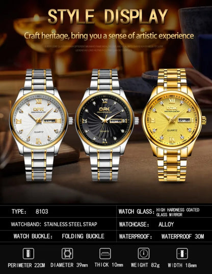 Watch for Couple Waterproof Stainless Steel Casual Watch With Box Simple Dial Dual Date Display, Titanium Steel Strap