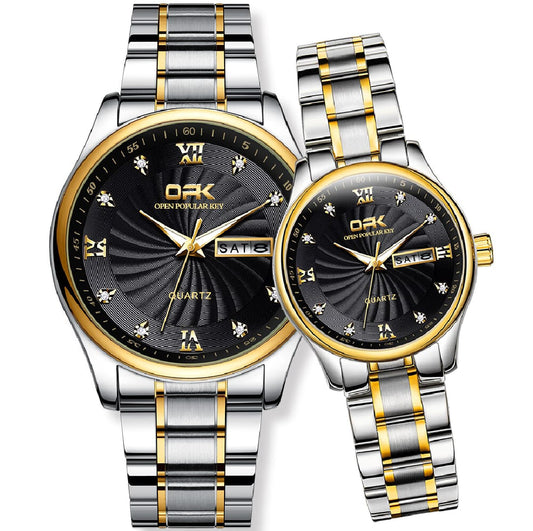 Watch for Couple Waterproof Stainless Steel Casual Watch With Box Simple Dial Dual Date Display, Titanium Steel Strap