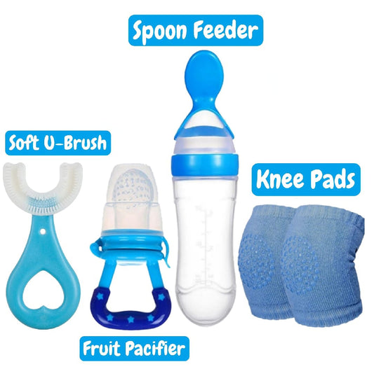 Pack of 4 Baby Silicone Spoon Feeder - Fruit Pacifier - Knee Pads - U Shape Brush