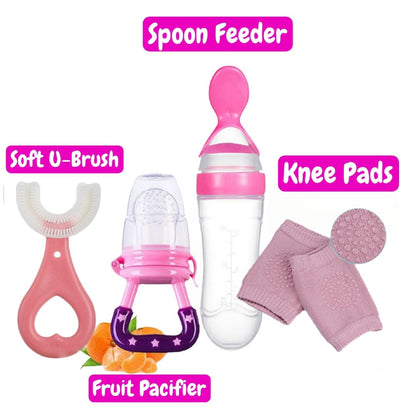 Pack of 4 Baby Silicone Spoon Feeder - Fruit Pacifier - Knee Pads - U Shape Brush