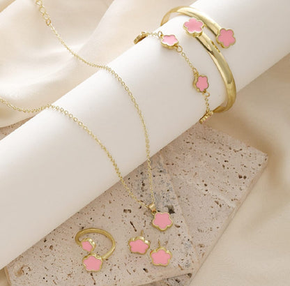 Set of 5 Pieces Fashion Alloy Jewelry Set Plum Blossom Five Leaf Flower Earing Girls Bracelet Laser Metal Necklace