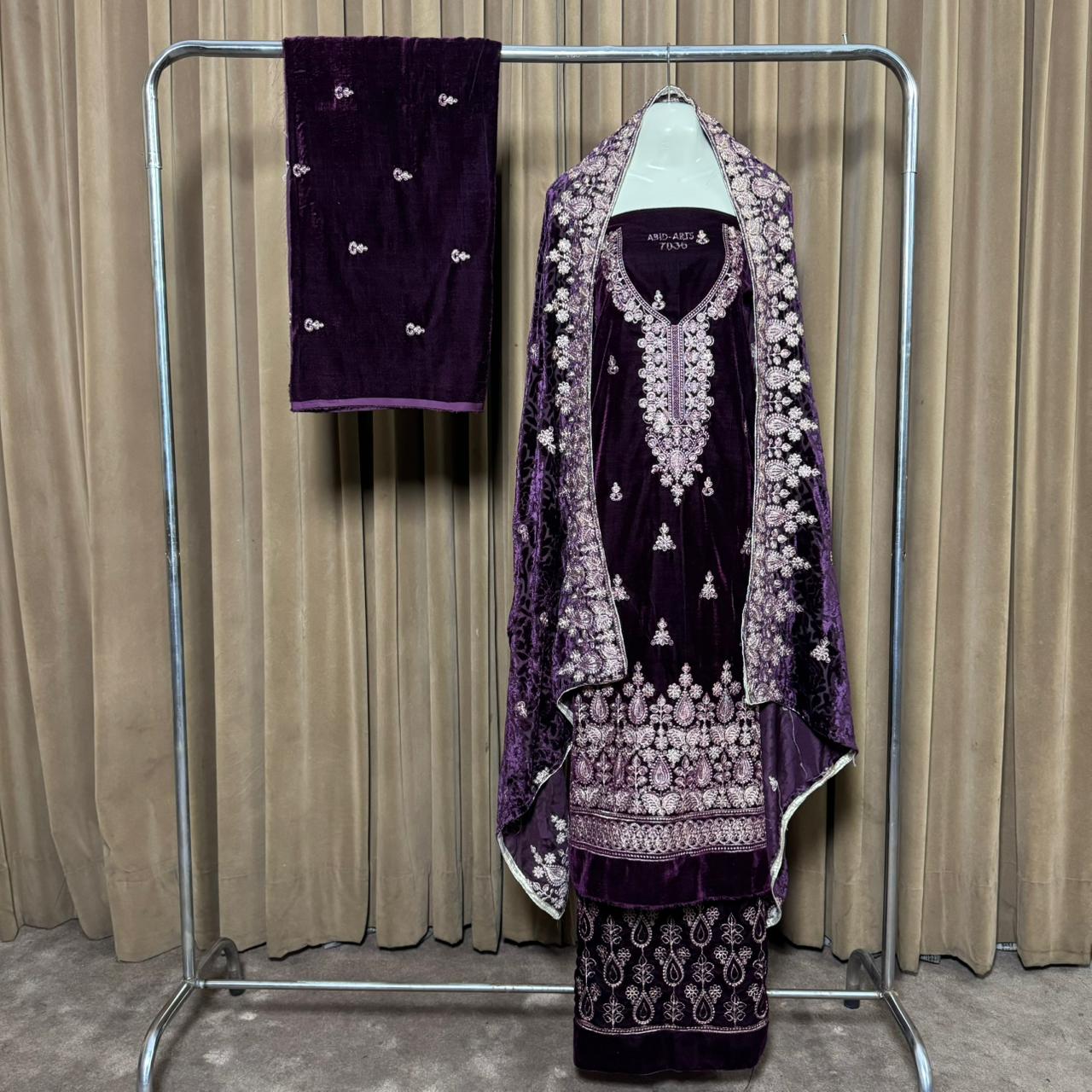 Embroidery (کڑھائی) Design 102 Velvet Unstitch Suit in Elegant Design & Colors (Shalwar, Front Kameez, Back Kameez & Palachi Dubatta)