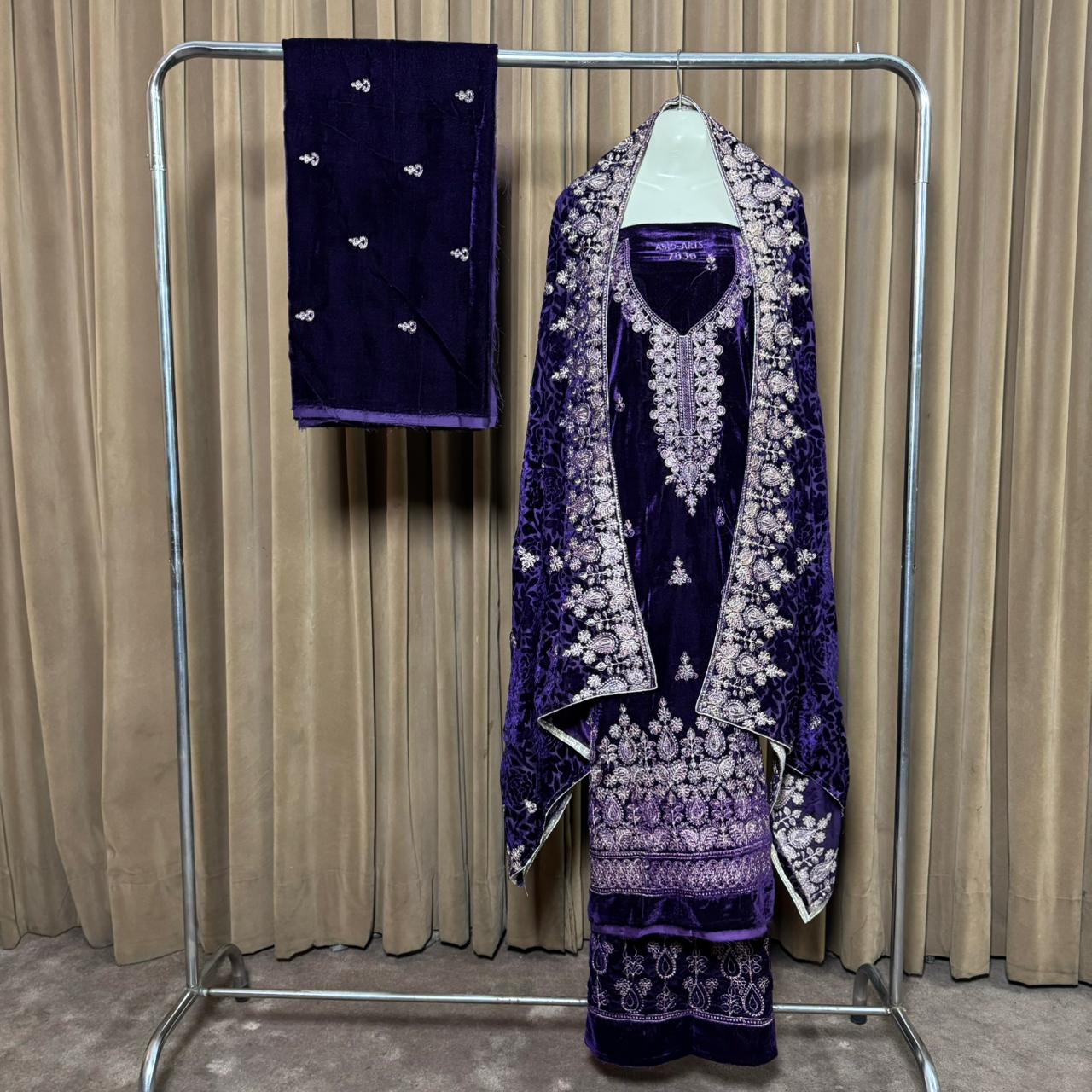 Embroidery (کڑھائی) Design 102 Velvet Unstitch Suit in Elegant Design & Colors (Shalwar, Front Kameez, Back Kameez & Palachi Dubatta)