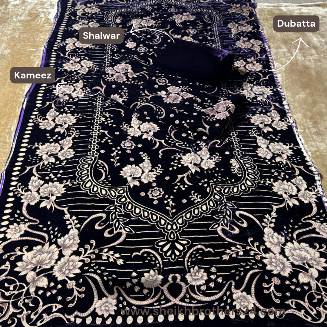 Palachi (پلچھی) Design 102 Velvet Unstitch Suit in Elegant Design & Colors (Shalwar, Kameez & Dubatta)