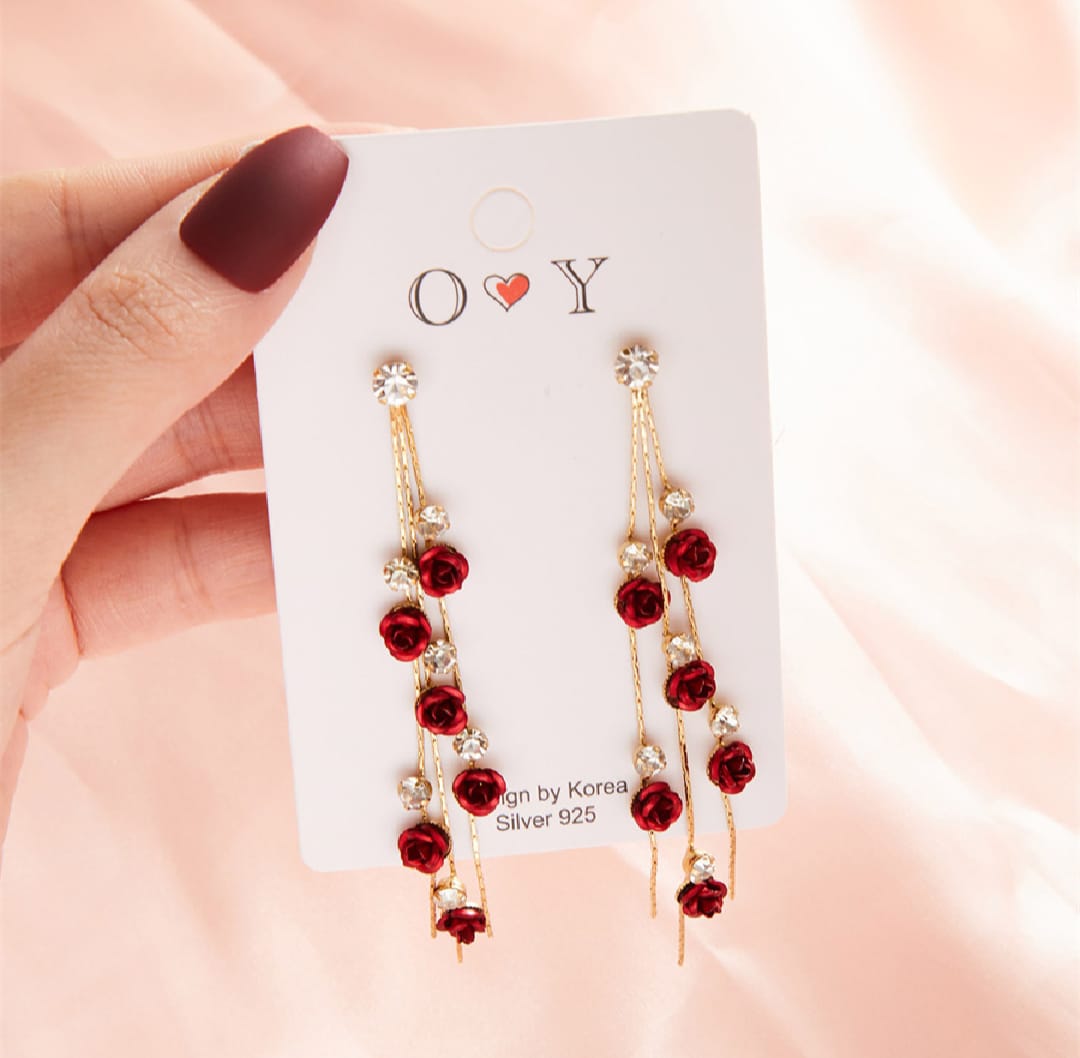 New Fashion Red Rose Flower Dangle Earrings Delicate Rose Flowers Earrings For Women Weddings Engagement Party Jewelry