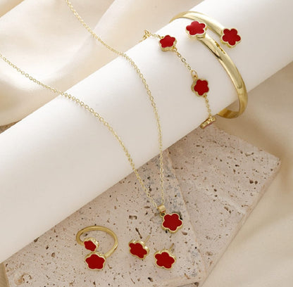Set of 5 Pieces Fashion Alloy Jewelry Set Plum Blossom Five Leaf Flower Earing Girls Bracelet Laser Metal Necklace