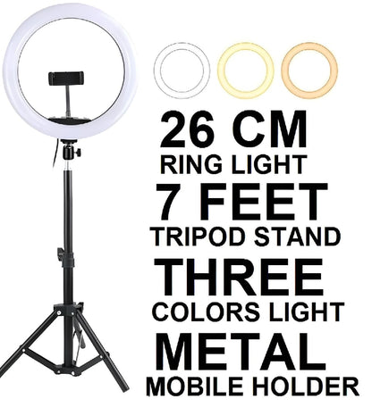 26CM - 36CM - 45CM Ring Light with Mobile Holder and 7ft Tripod Stand RingLight with 7 Feet Stand Three Colours Makeup LED RingLight with Tripod Stand Dimmable Selfie Ring Light with USB for Videography and Photography