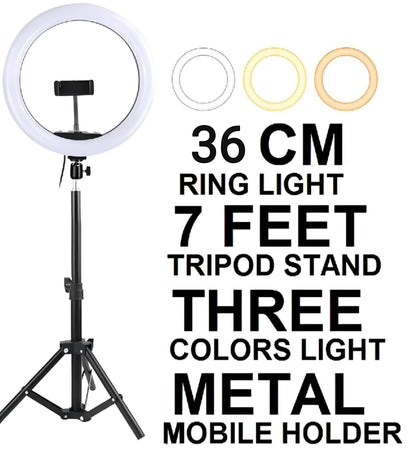 26CM - 36CM - 45CM Ring Light with Mobile Holder and 7ft Tripod Stand RingLight with 7 Feet Stand Three Colours Makeup LED RingLight with Tripod Stand Dimmable Selfie Ring Light with USB for Videography and Photography