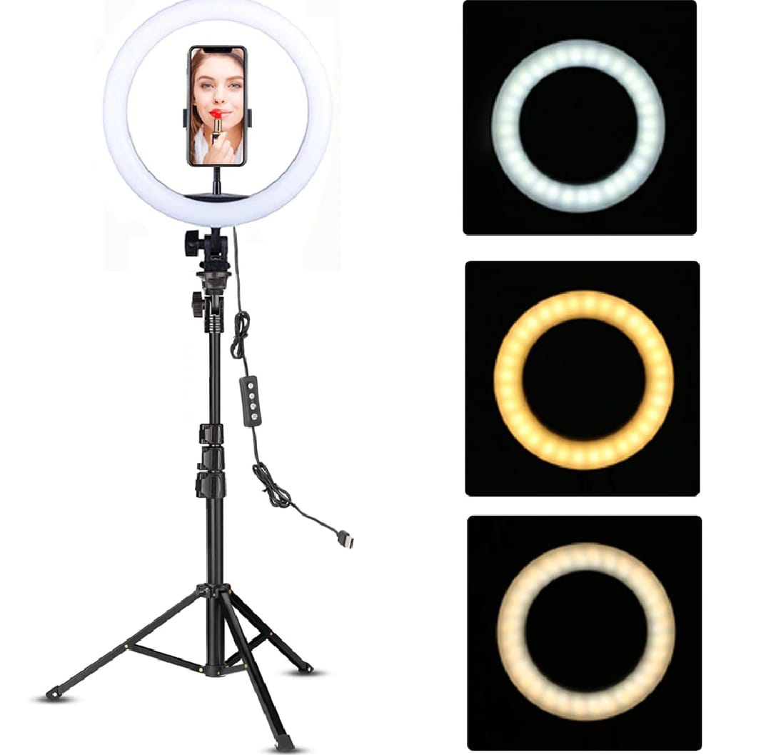 26CM - 36CM - 45CM Ring Light with Mobile Holder and 7ft Tripod Stand RingLight with 7 Feet Stand Three Colours Makeup LED RingLight with Tripod Stand Dimmable Selfie Ring Light with USB for Videography and Photography