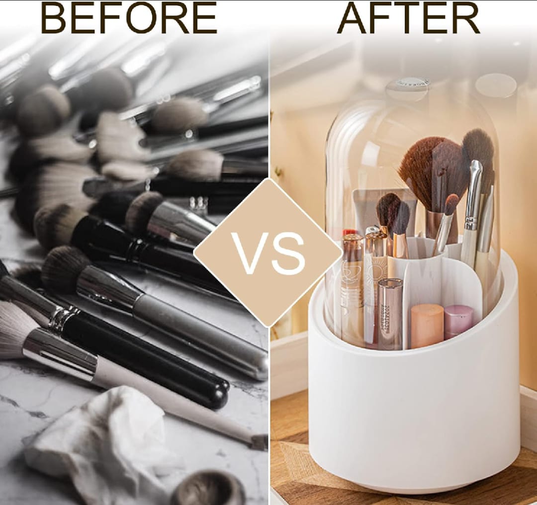 360° Rotating Makeup Brush Storage Box Portable Desktop Cosmetic Organizer, 7 Slots Transparent Makeup Brush Box Dust Free Makeup Brush Organizer for Display Stand Bedroom