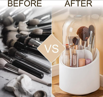 360° Rotating Makeup Brush Storage Box Portable Desktop Cosmetic Organizer, 7 Slots Transparent Makeup Brush Box Dust Free Makeup Brush Organizer for Display Stand Bedroom