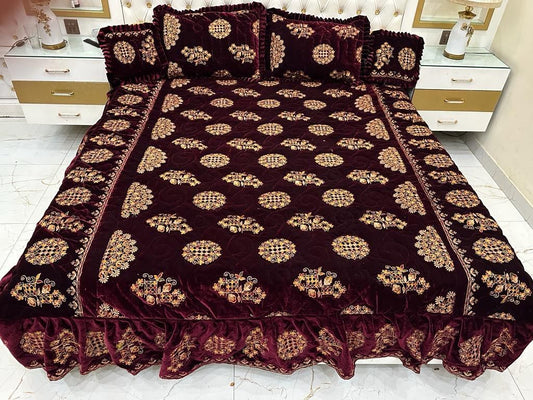 Design 108 - Fancy Bridal Velvet Bed Sheet Set Beautifull Design - Full Bed Sheet Set - Cushions Set - Pillow Set