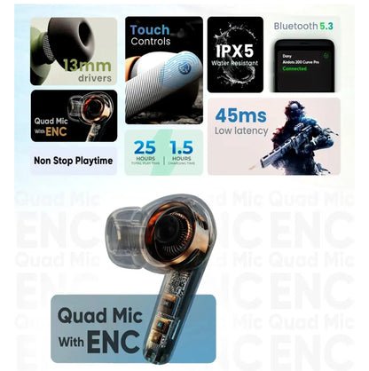 Dany Airdots 200 Curve Pro Quad Mic, ENC Wireless Earbuds, Gaming mode 45 MS Low Latency Earbud With 25 Hours Total Playtime, IPx5 Water Proof Wireless Earphones With Voice Assistance Bluetooth Earbuds