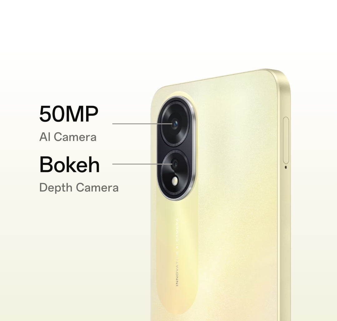 Oppo A38 - RAM 6 GB ROM 128 GB Front Camera 5 MP Back Camera Dual Camera: 50 MP, f/1.8, (wide), PDAF + 2 MP, f/2.4, (depth) Battery Type (Li-Po Non removable), 5000 mAh