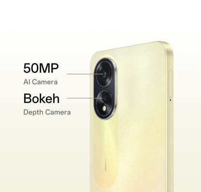 Oppo A38 - RAM 6 GB ROM 128 GB Front Camera 5 MP Back Camera Dual Camera: 50 MP, f/1.8, (wide), PDAF + 2 MP, f/2.4, (depth) Battery Type (Li-Po Non removable), 5000 mAh