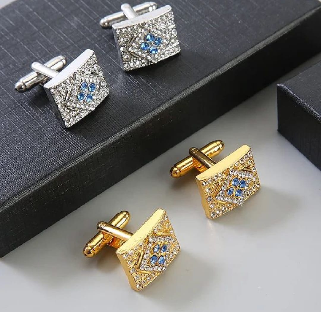 Cufflinks Golden & Silver With White and Blue Stone Premium Quality