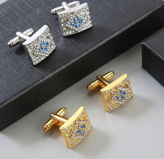 Cufflinks Golden & Silver With White and Blue Stone Premium Quality