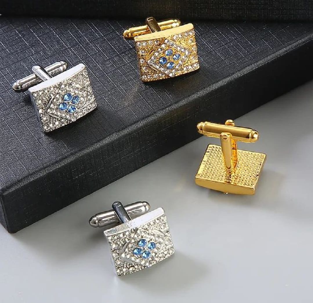 Cufflinks Golden & Silver With White and Blue Stone Premium Quality