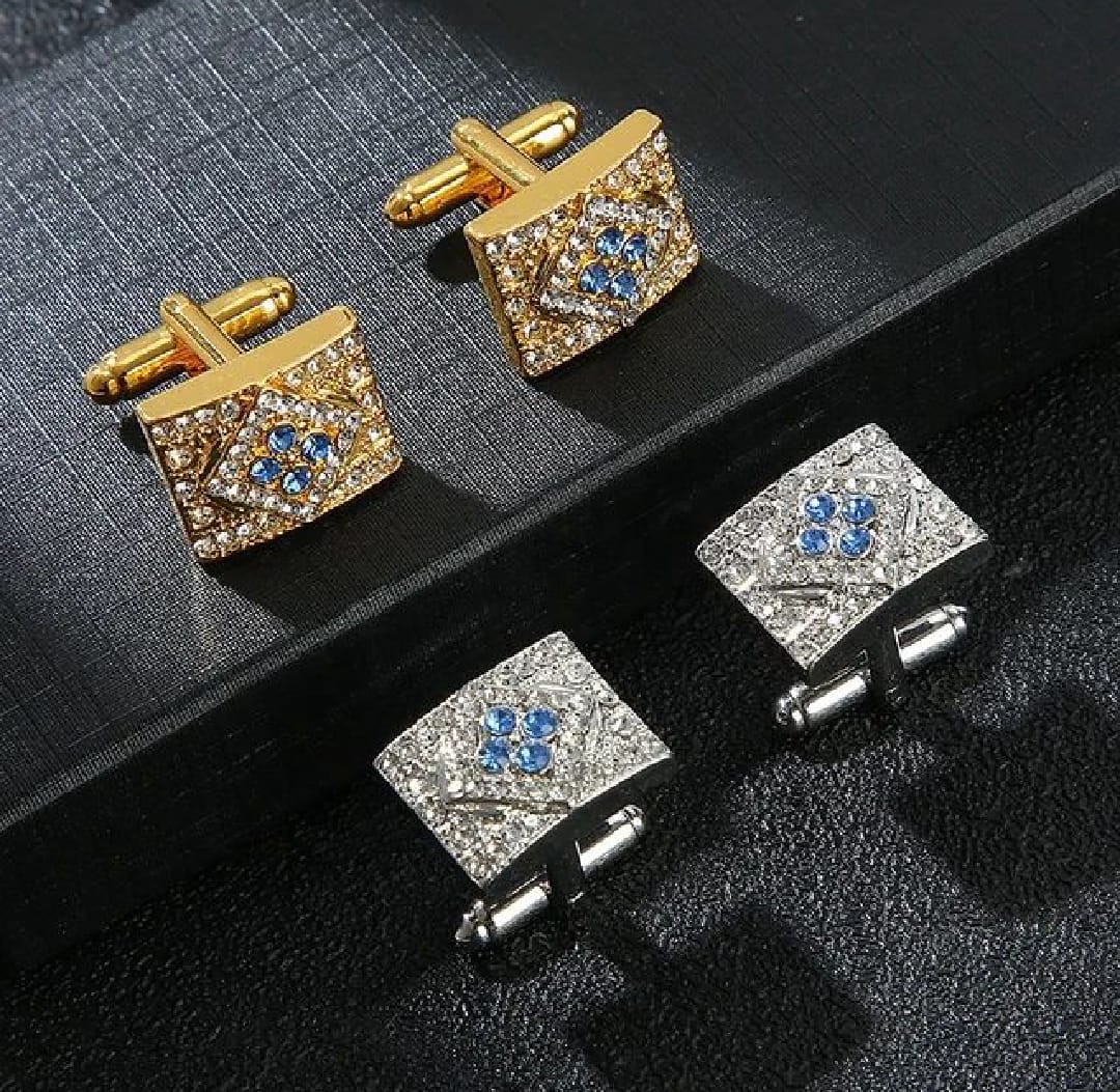 Cufflinks Golden & Silver With White and Blue Stone Premium Quality