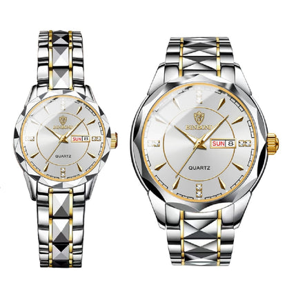 Couple Fashion Watch Double Calendar Watch Diamond Inlaid 30M Waterproof Watch Luminous Quartz Watch Steel Band Watch Luminous Pointer Wrist Watches