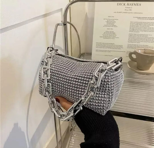 Allover Rhinestone Bucket Bag, Glitter Chain Prom Purse, Women's Mini Crossbody Bag (6.3*3.54) Inch