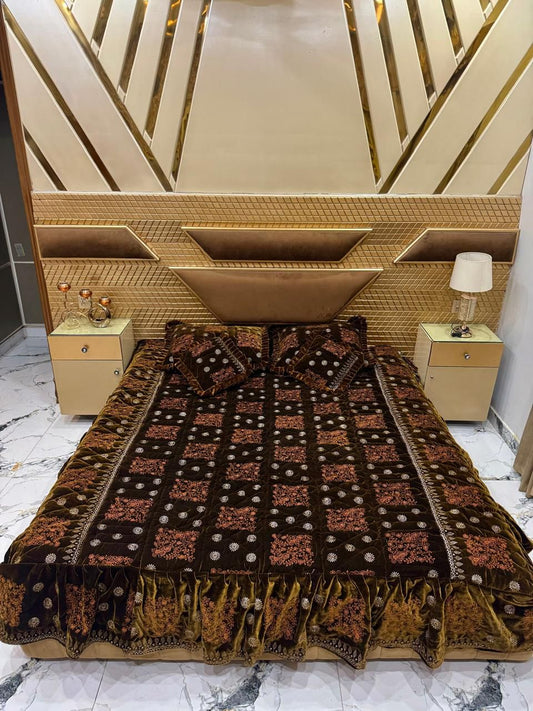 Design 110 - Fancy Bridal Velvet Bed Sheet Set Beautifull Design - Full Bed Sheet Set - Cushions Set - Pillow Set