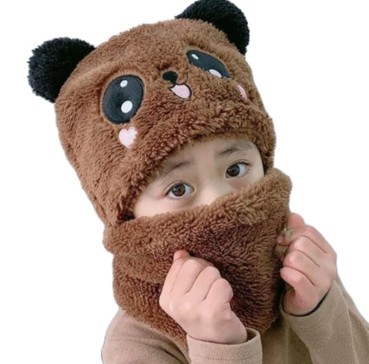 Winter Cap Baby Set Velvet Cartoon Panda Rabbit Baby Head Cover Warm Neck Collar for Kids