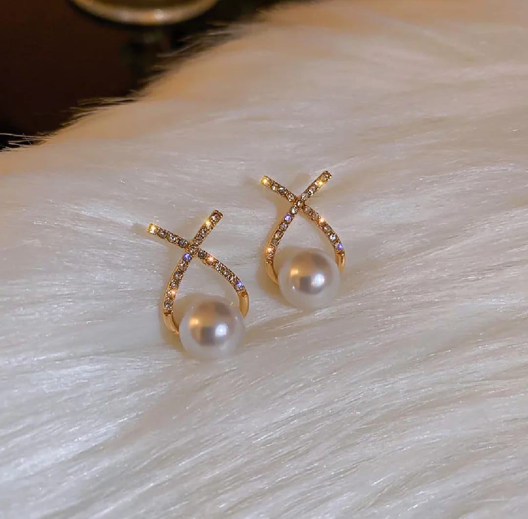 Elegant Simulated Pearl Earrings For Women Inlaid Rhinestone Stud Earrings Letter X Ear Stud
