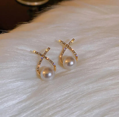 Elegant Simulated Pearl Earrings For Women Inlaid Rhinestone Stud Earrings Letter X Ear Stud